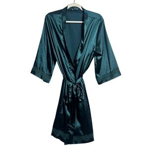 Ekouaer Robe Womens XL Green Satin Kimono 3/4 Sleeve Lace Trim Belted Sleepwear